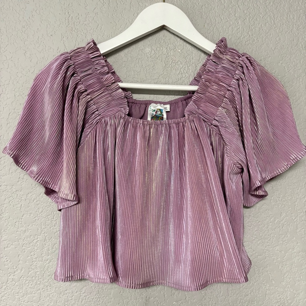 QOS Queen of Sparkles Lavender Pleat Flutter Top Size XS